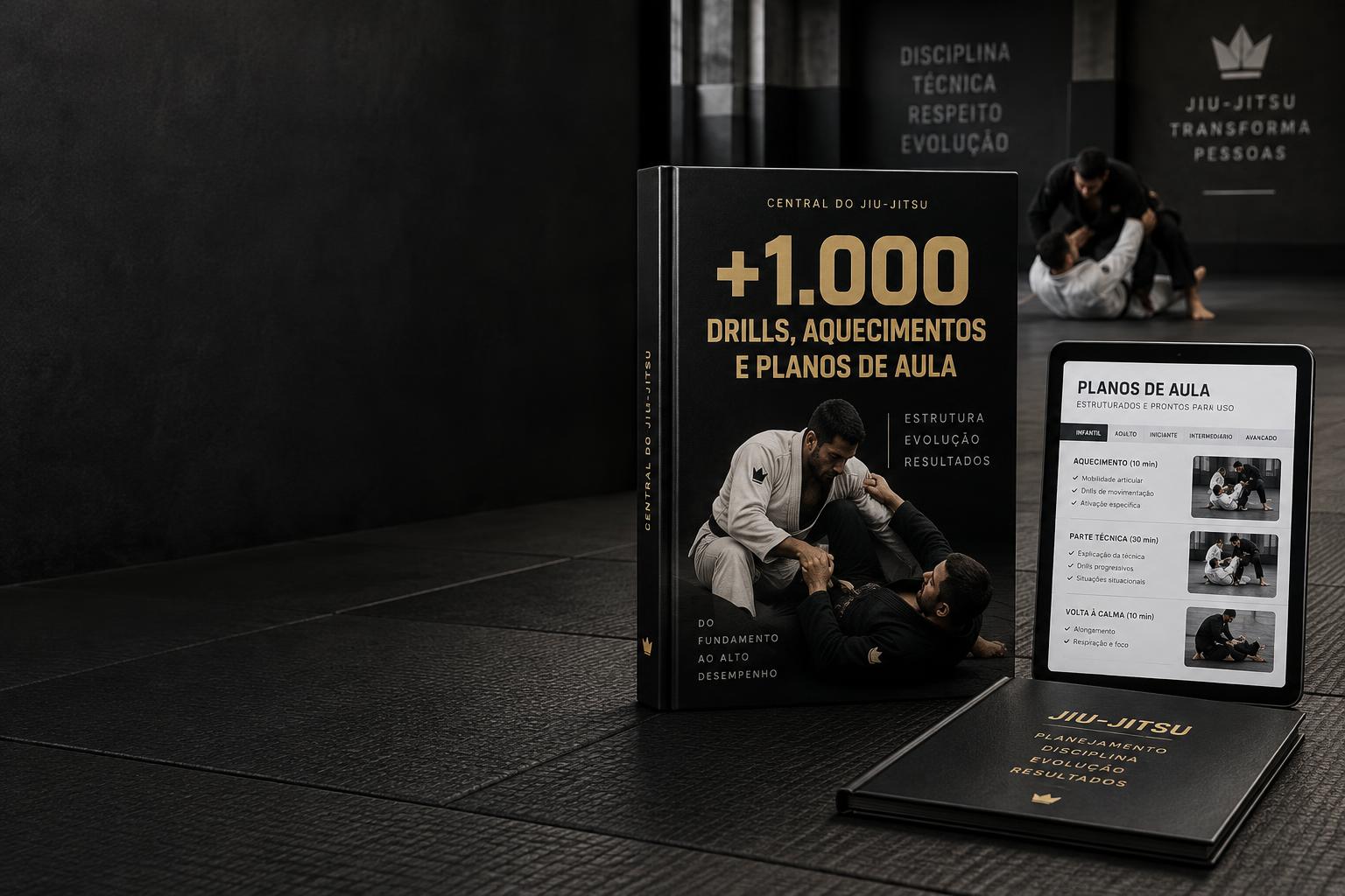 Capa demonstrativa do acervo digital de Jiu-Jitsu, com manual e tablet em um tatame